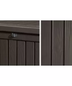 Baule da esterno keter "rockwood" in resina marrone effetto legno 570 lt 155x72,4x64,4 cm